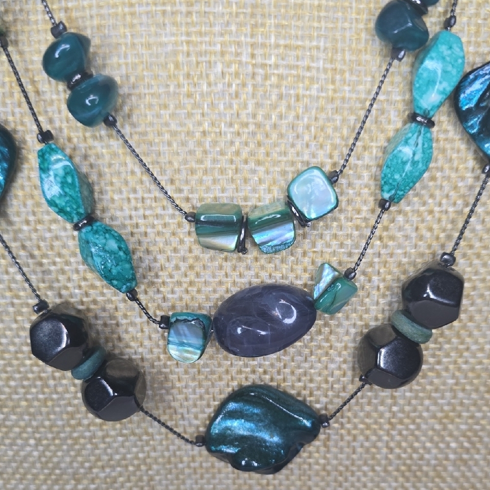 Multi-Strand Teal and Black Necklace: MOP, Abalone, Acrylic & Hematite - Picture 9 of 9